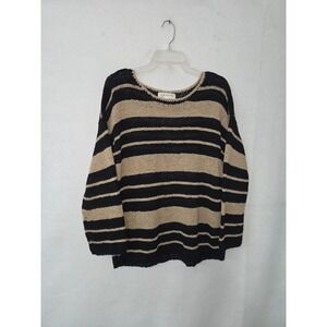 Jones New York Sport Sweater Women L Black Tan Striped Cotton Blend Ribbon Knit